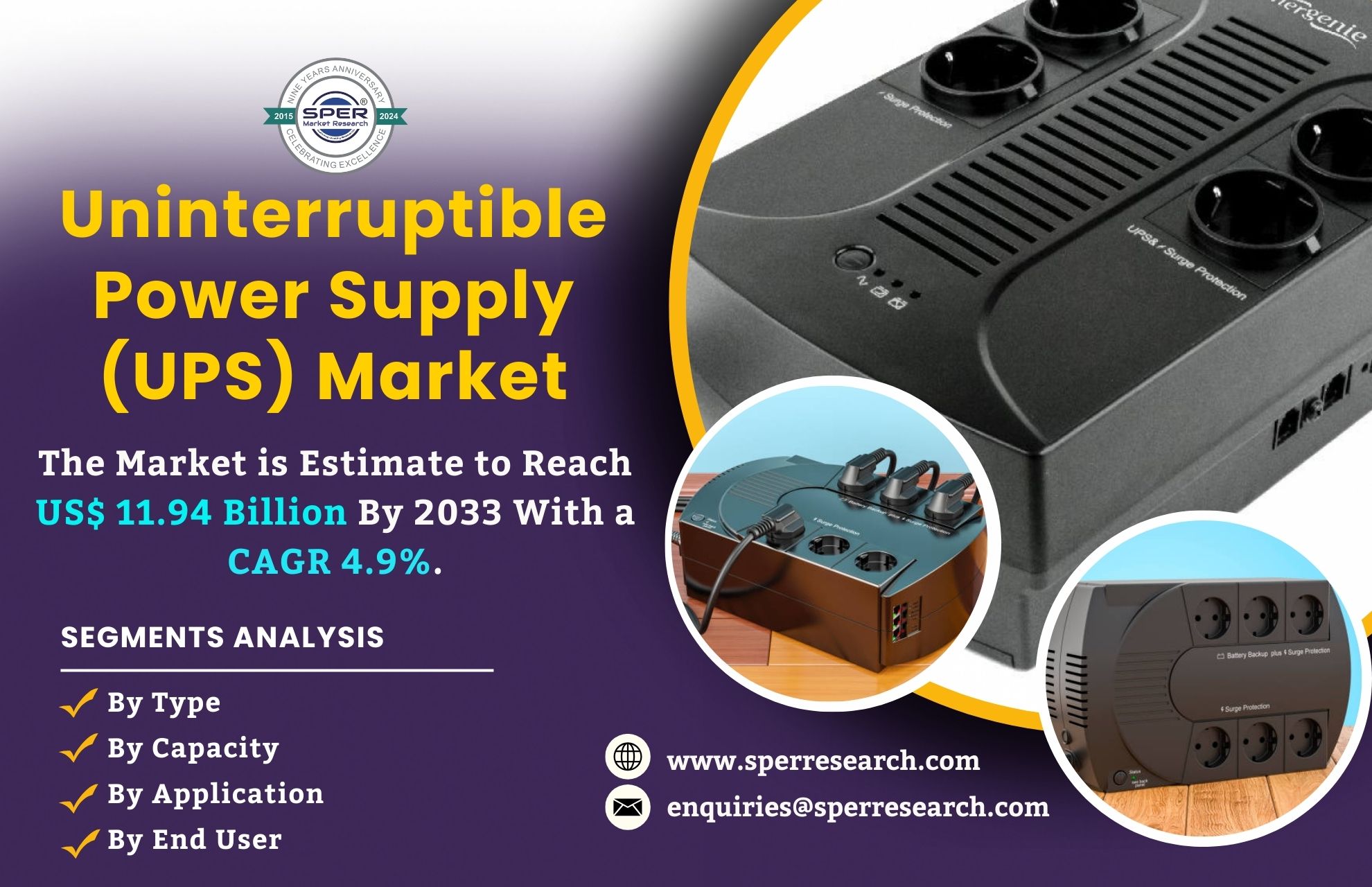 Uninterruptible Power Supply (UPS) Market is likely to reach over USD 11.94 billion with a 4.9% CAGR Annualized Growth Rate by 2033: SPER Market Research