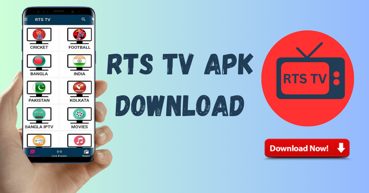 RTS tv Apk home interface. Also a logo and text.